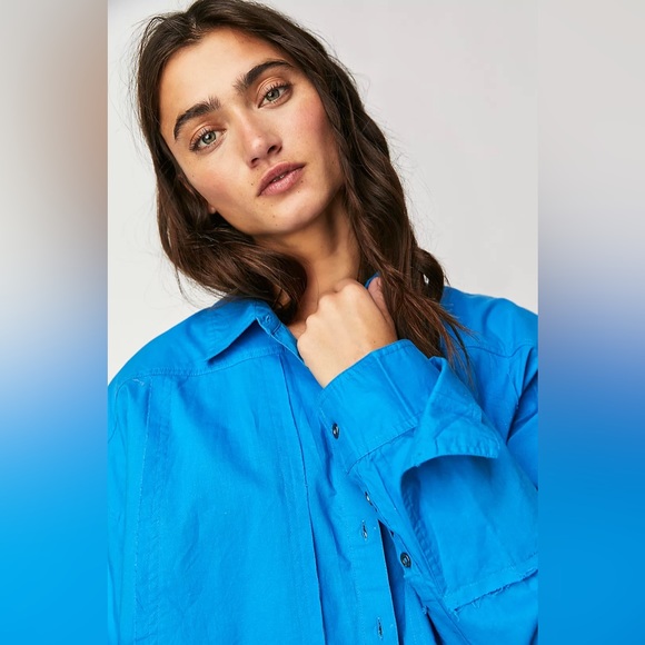 NEW Free People Remade Poplin Shirt In Catalina Blue - Picture 3 of 11
